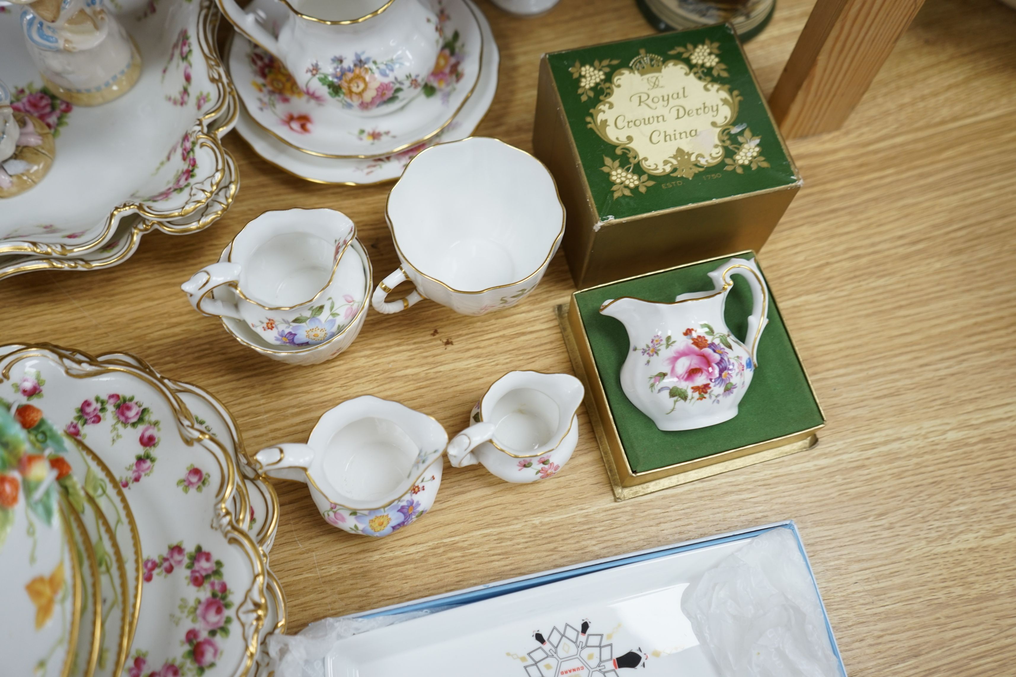 A George Jones dessert set, Royal Crown Derby teaware, mixed miniature ceramics and a coffee set